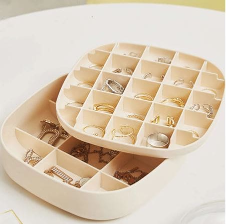 Cute Double Layer Mesh Jewelry Box, Portable Earrings Ring Necklace Storage Box, Modern Multi Grid Ring & Necklace Storage Box For Home Cute Double Layer Mesh Jewelry Box, Portable Earrings Ring Necklace Storage Box, Modern Multi Grid Ring & Necklace Storage Box For Home